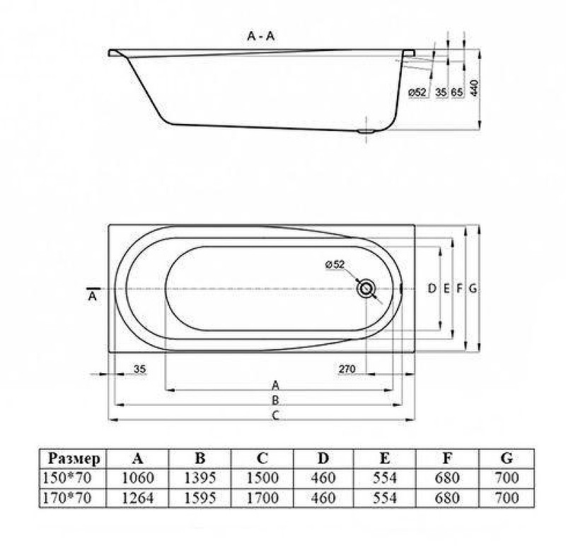 Акриловая ванна Vincea 150х70 VBT-2B150-LG