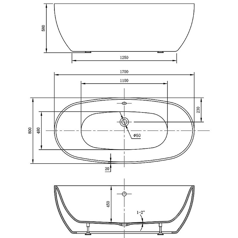 Акриловая ванна Vincea 170x80 VBT-405-1700MW