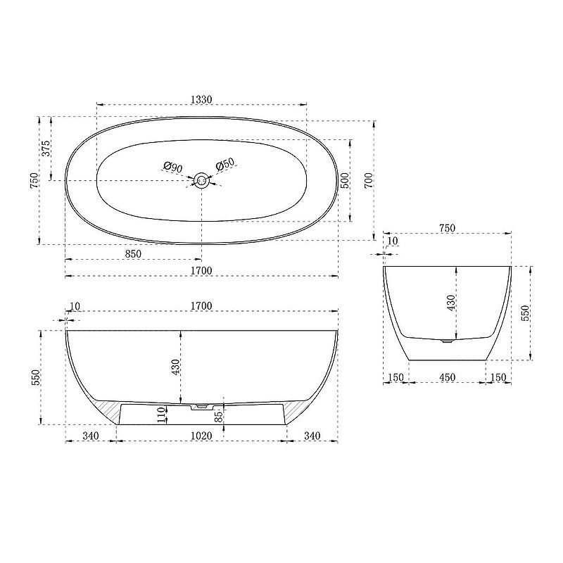 Ванна из полиэфирной смолы Vincea 170x75 VBT-6T01BR