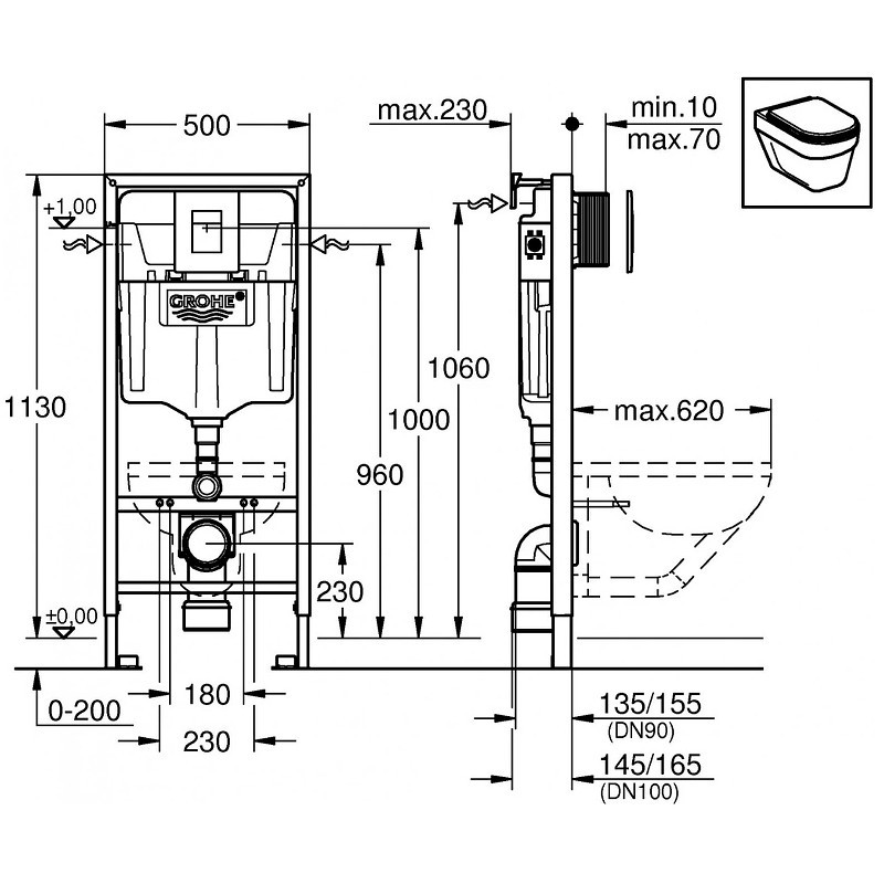 Комплект унитаза Vincea Evo Rimless VT1-34S с инсталляцией Grohe Rapid SL 38811KF0