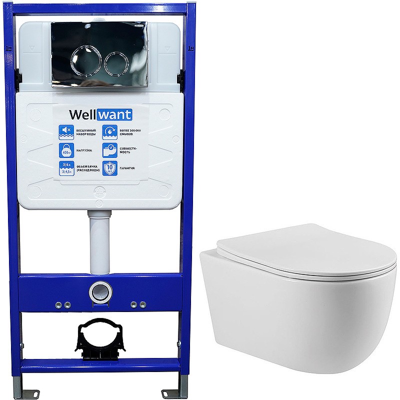 Комплект унитаза Vincea Evo Rimless VT1-34S с инсталляцией WellWant Standart 50 WWISI1110B